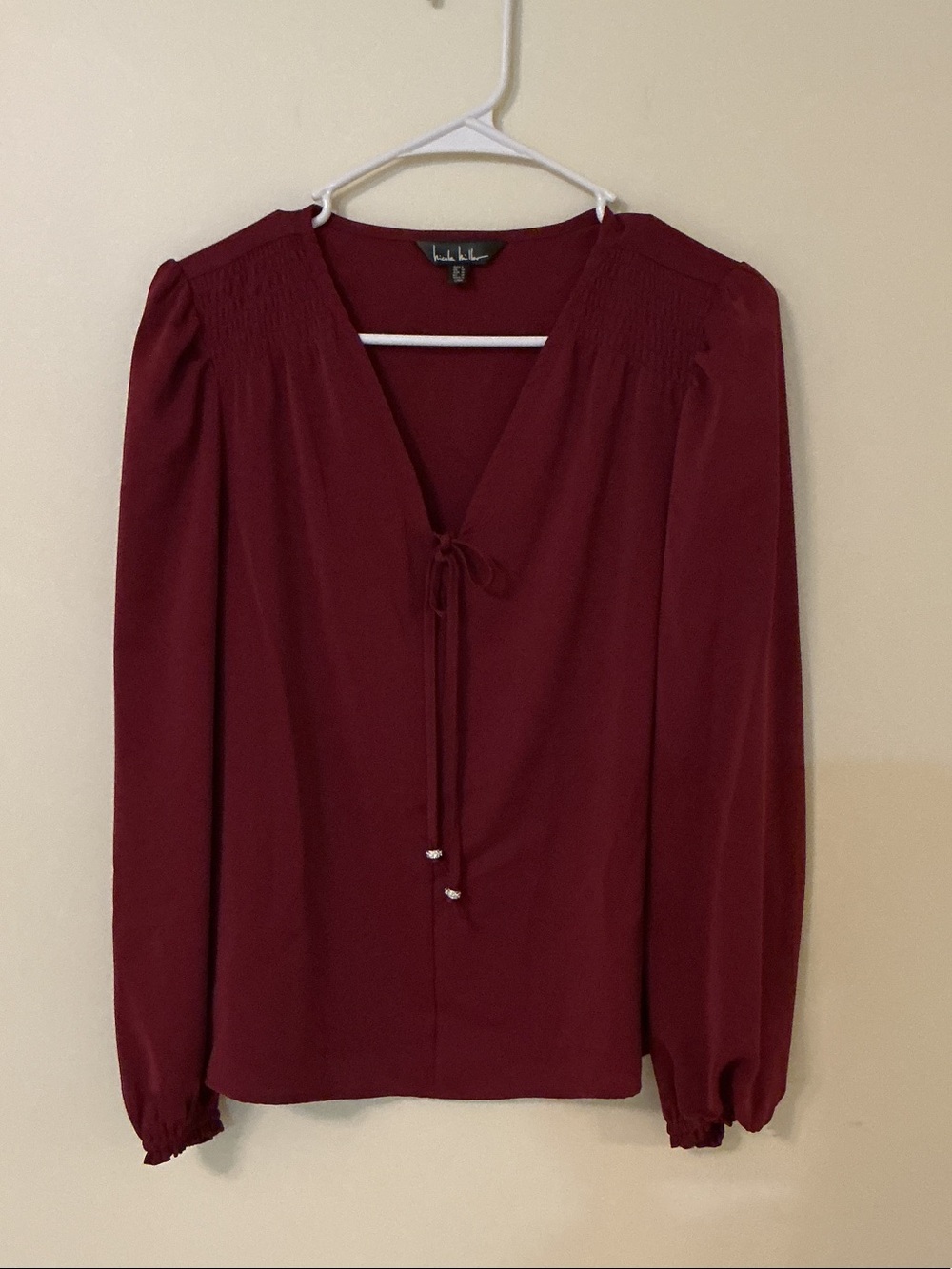 Nicole Miller Burgundy Tie-Neck Long Sleeve Blouse